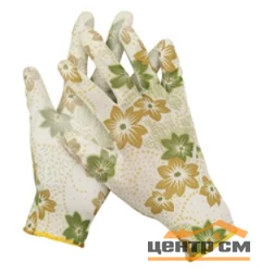 Перчатки садовые GRINDA, прозрачное PU покрытие, 13 класс вязки, бело-зеленые, размер L