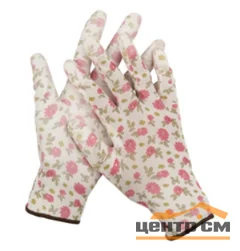Перчатки садовые GRINDA, прозрачное PU покрытие, 13 класс вязки, бело-розовые, размер L