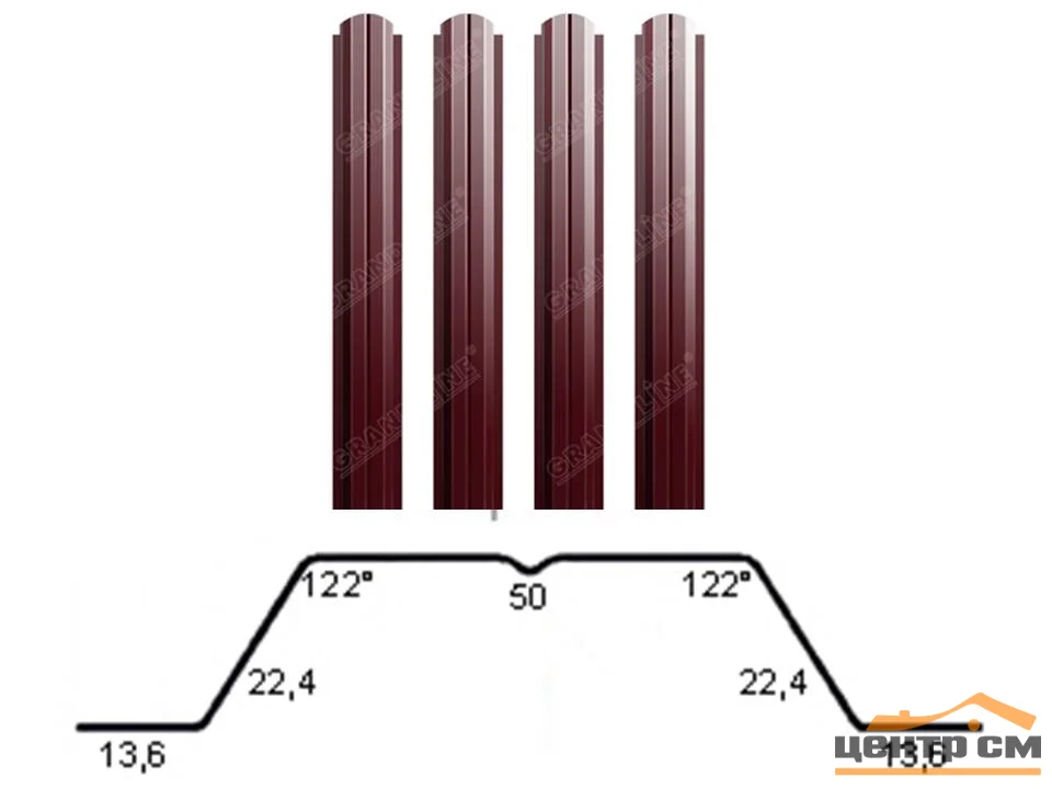 Штакетник металлический Grand Line П-образный фигурный двусторонний PE RAL **, ширина 100мм, длина *пог.м