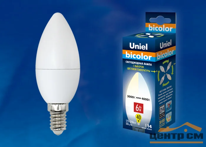 Лампа светодиодная 6W E14 220V Свеча матовая Uniel (теплый белый + белый) PLB01WH