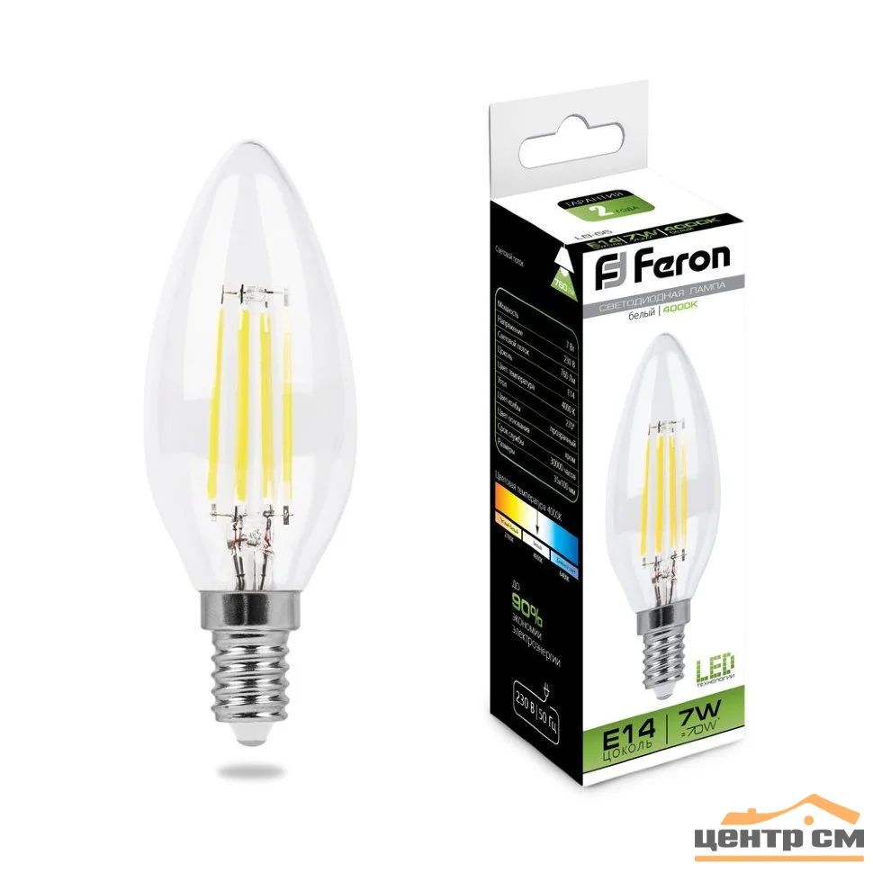 Лампа светодиодная 7W E14 230V 4000K (белый) Свеча прозрачная филамент Feron, LB-66