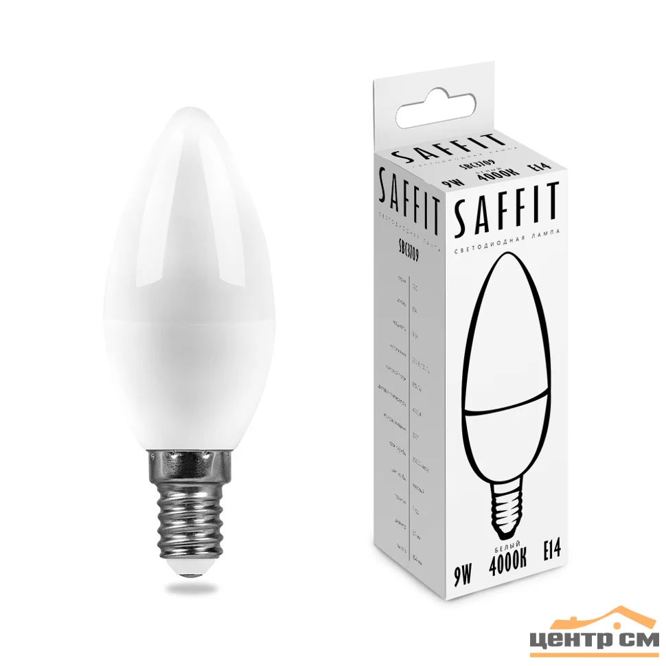 Лампа светодиодная 9W E14 230V 4000K (белый) Свеча матовая (C37) SAFFIT, SBC3709