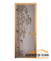 Дверь для саун Стекло сатин матовый рис. Берёзка 1900х700 ЛЕВАЯ (коробка осина 2,5шт, петли, ручка)