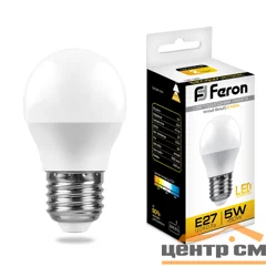 Лампа светодиодная 5W E27 230V 2700K (желтый) Шарик матовый (G45) Feron, LB-38