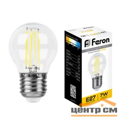Лампа светодиодная 7W E27 230V 2700K (желтый) Шарик прозрачный(G45) Feron, LB-52