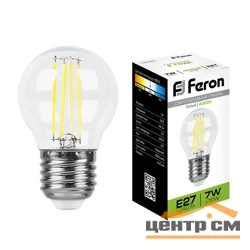 Лампа светодиодная 7W E27 230V 4000K (белый) Шарик прозрачный(G45) Feron, LB-52