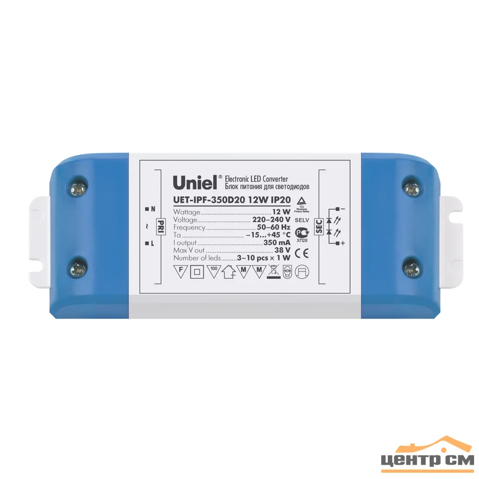 Драйвер для светодиодов 12Вт, 12В, IP20, Uniel UET-IPF-350D20