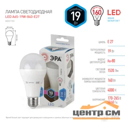 Лампа светодиодная 19W E27 220V 4000K (белый) Шар матовый(A65) ЭРА A65-19W-840-E27