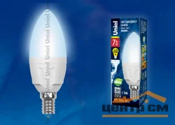 Лампа светодиодная 7W E14 220V 4000 (белый) Свеча матовая (C37) Uniel Яркая NW/FR PLP01WH