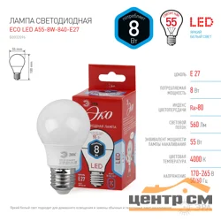 Лампа светодиодная 8W E27 220V 4000K (белый) Шар матовый(А55) ЭРА RED LINE LED A55-8W-840-E27 R