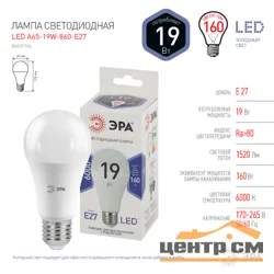 Лампа светодиодная 19W E27 6000K (белый) шар (A65) ЭРА, LED A65-19W-860-E27