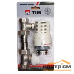 Термокомплект TIM (термоклапан прямой с колпачком вн/нар, клапан запорный прямой вн/нар, термостатическая головка) 1/2"