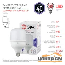 Лампа светодиодная 40W E27 6500K (дневной) колба ЭРА, POWER T120-40W-6500-E27