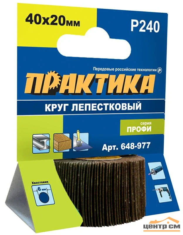 Круг лепестковый веерный с оправкой 40х20мм, P240, хвостовик 6 мм, серия Профи, ПРАКТИКА