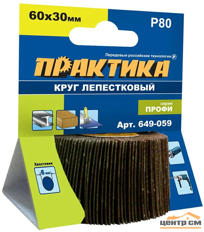 Круг лепестковый веерный с оправкой 60х30мм, P 80, хвостовик 6 мм, серия Профи, ПРАКТИКА