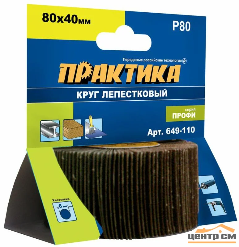 Круг лепестковый веерный с оправкой 80х40мм, P 80, хвостовик 6 мм, серия Профи, ПРАКТИКА