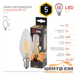 Лампа светодиодная 5W E14 220V 2700К (желтый) Свеча витая (BTW) ЭРА, F-LED BTW-5W-827-E14