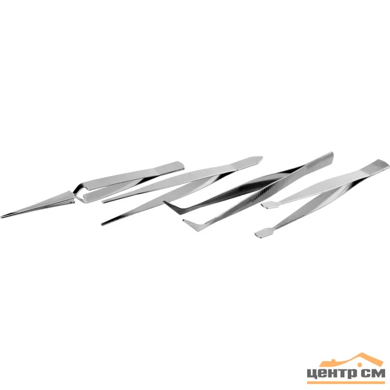Набор пинцетов ЗУБР нержавеющая сталь, прямой, заостренные губки, изогнутый, самозажимной прямой, плоские и широкие губки, 120мм