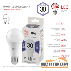 Лампа светодиодная 30W E27 6000K (яркий белый) груша (A65) ЭРА, A65-30W-860-E27 Стандарт