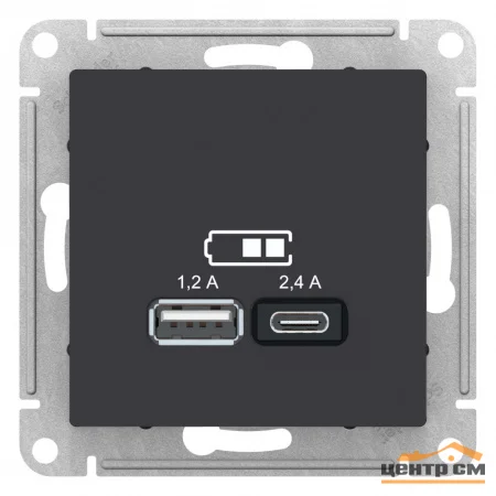 Механизм розетки USB AtlasDesign A+С 5В/2.4А 2х5В/1.2А карбон Schneider Electric ATN001039
