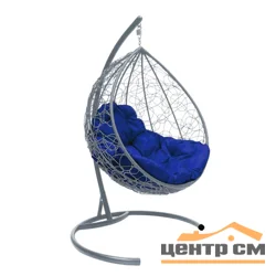 Подвесное кресло "Капля", цвет плетения – серый, подушка – синий, каркас – серый