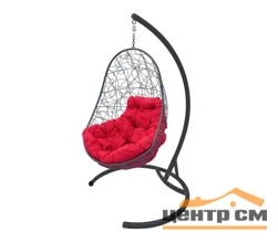 Подвесное кресло "Овальное", цвет плетения – серый, подушка – красный, каркас – серый