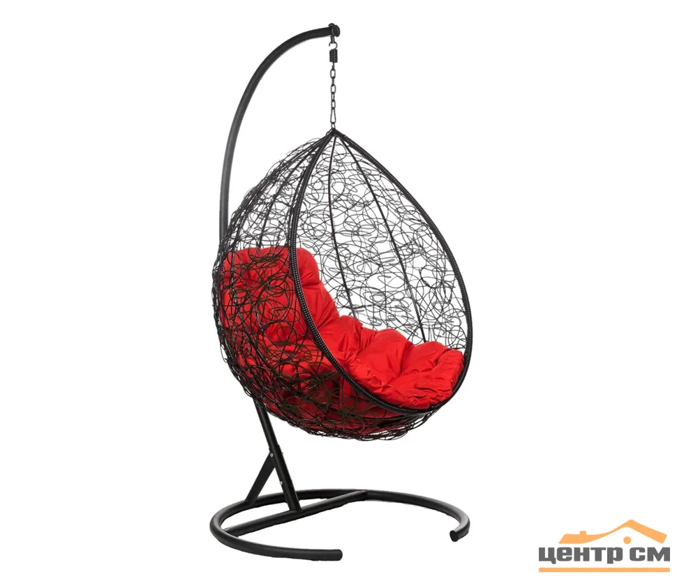Подвесное кресло "Капля", цвет плетения – черный, подушка – красная, каркас – черный