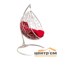 Подвесное кресло "Капля", цвет плетения – белый, подушка – красный, каркас – белый