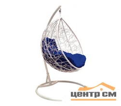 Подвесное кресло "Капля", цвет плетения – белый, подушка – синяя, каркас– белый