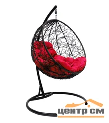 Подвесное кресло "Круглое", цвет плетения – черный, подушка – красный, каркас – черный