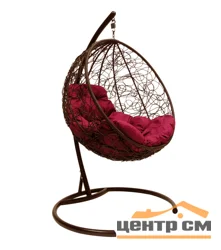 Подвесное кресло "Круглое", цвет плетения – коричневый, подушка – бордовый, каркас – коричневый