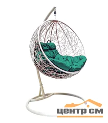 Подвесное кресло "Круглое", цвет плетения – белый, подушка – зеленый, каркас – белый
