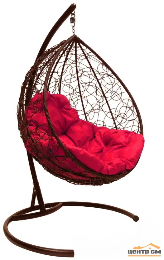 Подвесное кресло "Капля", цвет плетения – коричневый, подушка – красный, каркас – коричневый