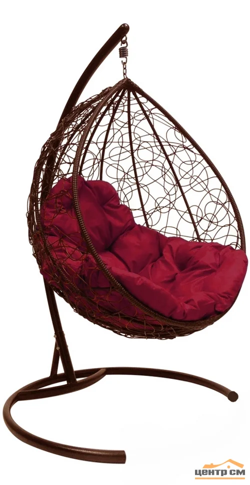 Подвесное кресло "Капля", цвет плетения – коричневый, подушка – бордовый, каркас – коричневый