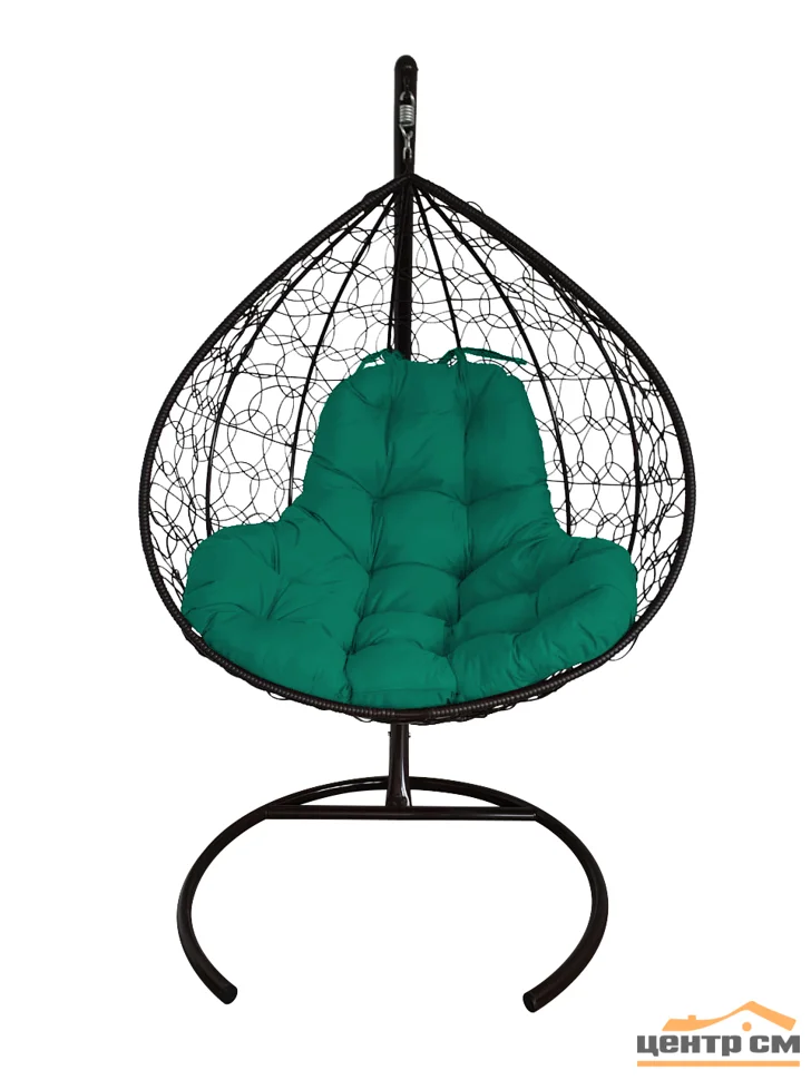 Подвесное кресло двухместное Double/XL, цвет плетения – черный, подушка – зеленый, каркас – черный