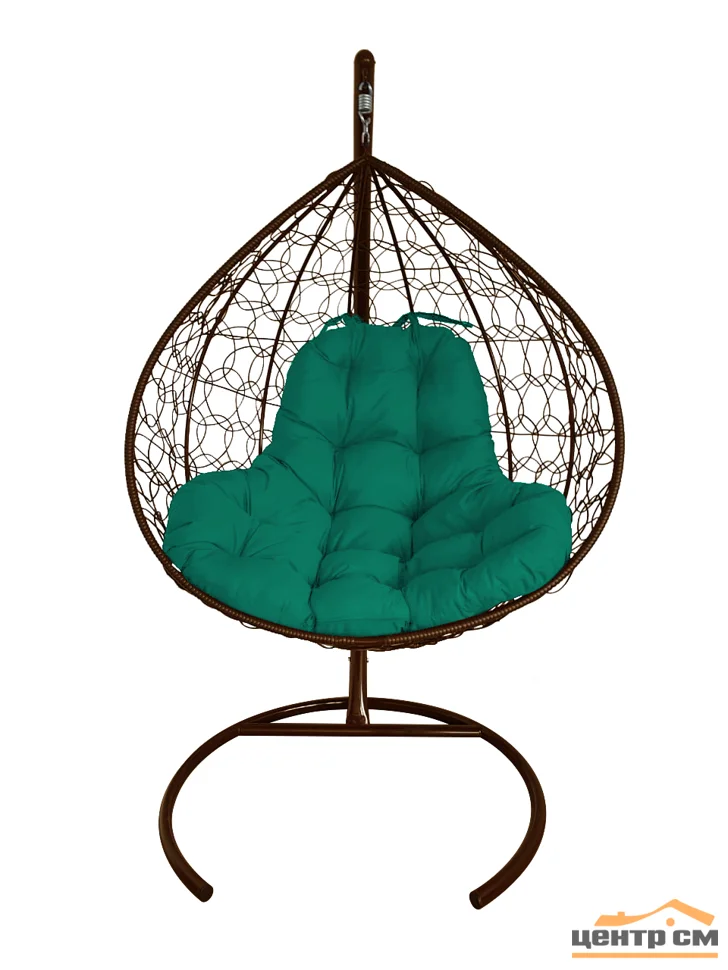 Подвесное кресло двухместное Double/XL, цвет плетения – коричневый, подушка – зеленый каркас – коричневый