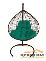 Подвесное кресло двухместное Double/XL, цвет плетения – коричневый, подушка – зеленый каркас – коричневый
