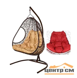 Подвесное кресло двухместное Primavera, цвет плетения –коричневый, подушка – бордо, каркас – коричневый