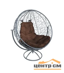 Кресло вращающиеся КРУГ с ротангом серый, коричневая подушка