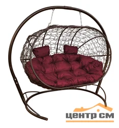 Подвесной диван ЛЕЖЕБОКА с ротангом коричневый, подушка бордовая