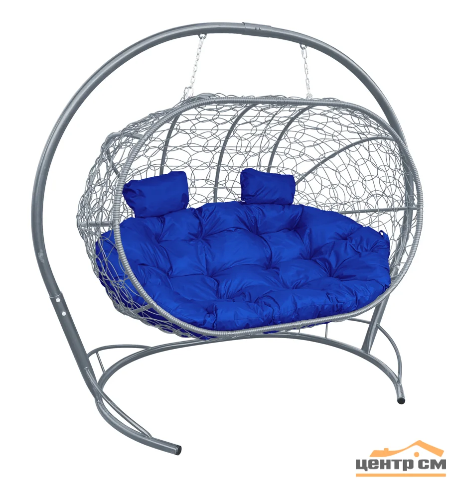 Подвесной диван ЛЕЖЕБОКА с ротангом серый, подушка синий