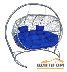 Подвесной диван ЛЕЖЕБОКА с ротангом серый, подушка синий