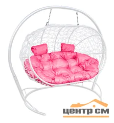Подвесной диван ЛЕЖЕБОКА с ротангом белый, подушка розовая