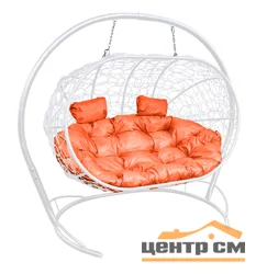 Подвесной диван ЛЕЖЕБОКА с ротангом белый, подушка оранжевая