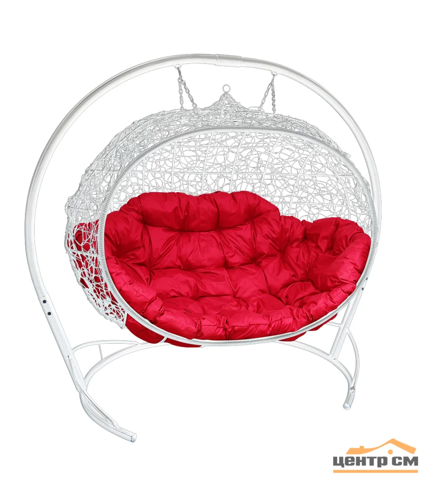 Подвесной диван УЛЕЙ с ротангом белый, подушка красная