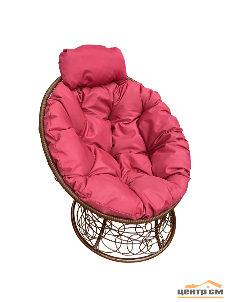 Кресло ПАПАСАН мини с ротангом коричневое, подушка красная