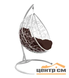 Подвесное кресло "Капля", цвет плетения – белый, подушка – коричневая, каркас – белый
