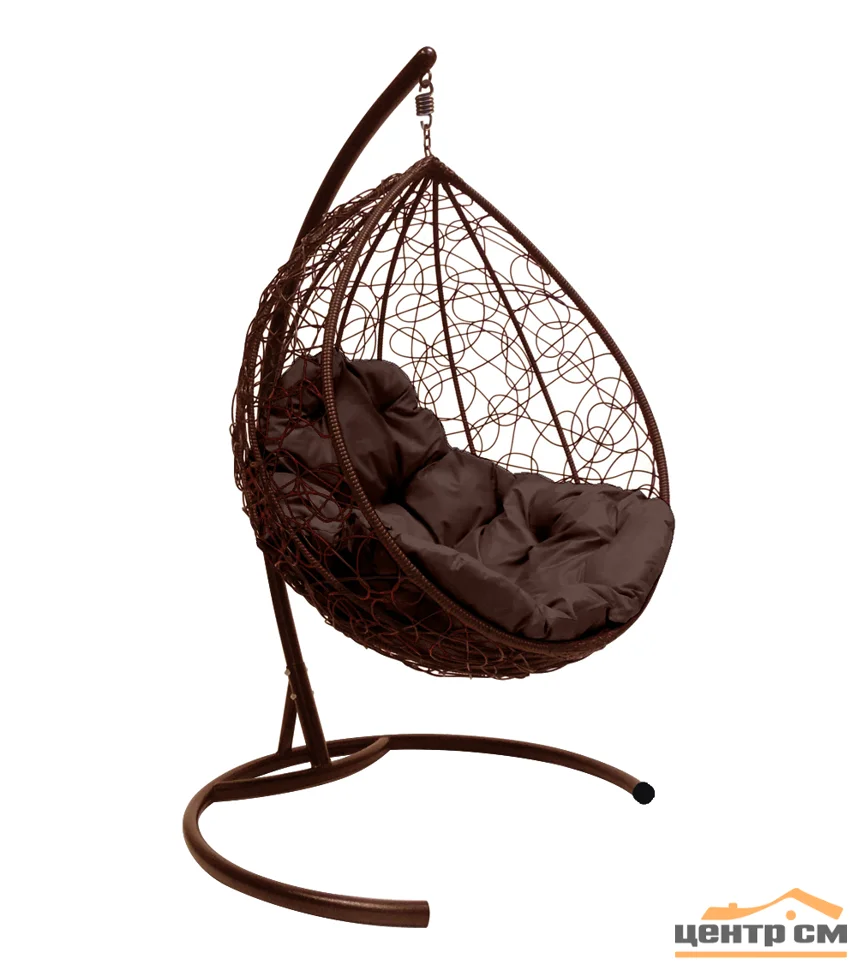 Подвесное кресло "Капля", цвет плетения – коричневый, подушка – коричневая, каркас – коричневый