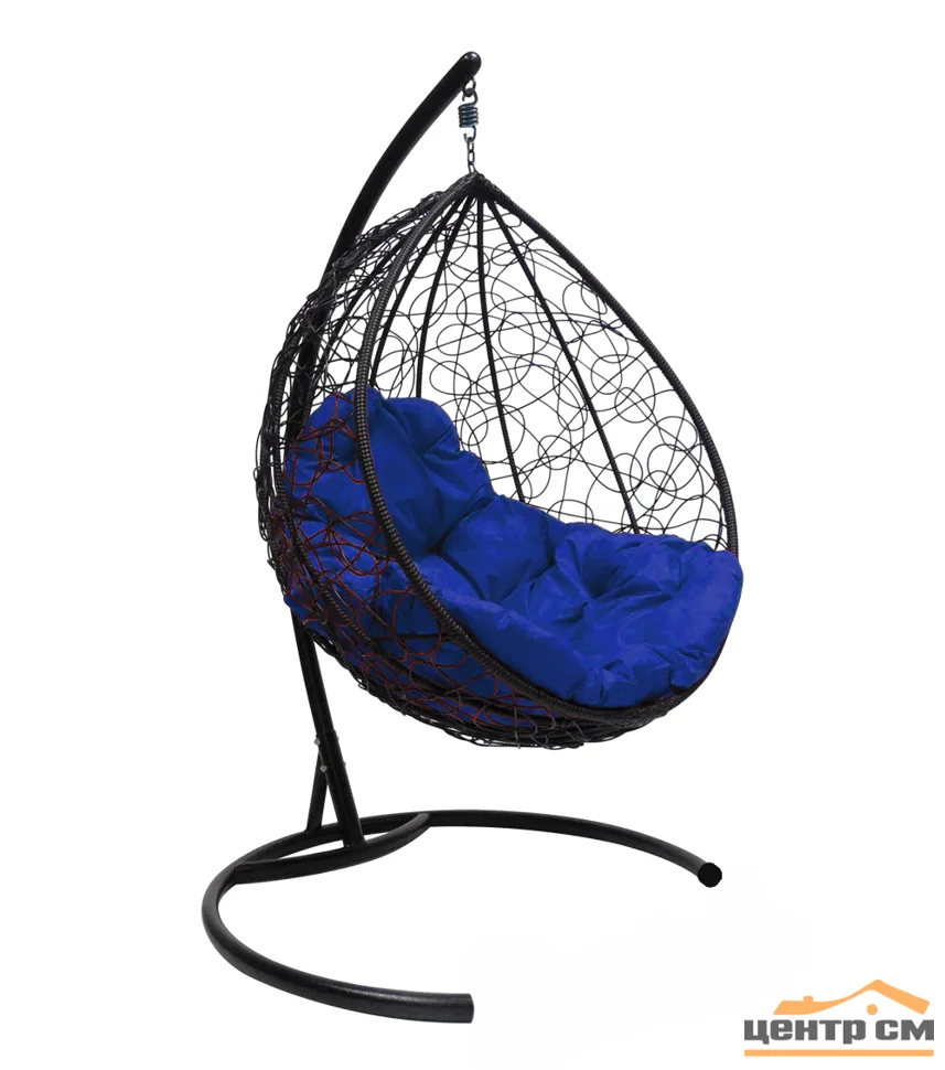 Подвесное кресло "Капля", цвет плетения – черный, подушка – синяя, каркас – черный