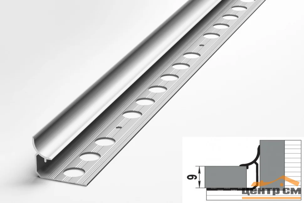 Профиль для плитки алюминиевый ПК 06-9 окантовочный (9 мм) 2700 мм Цвет: Серебро анод